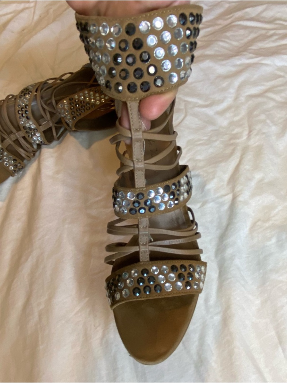 Vero Cuoio Beige Crystal-Embellished Strappy Lace-Up Heels - Picture 6 of 8